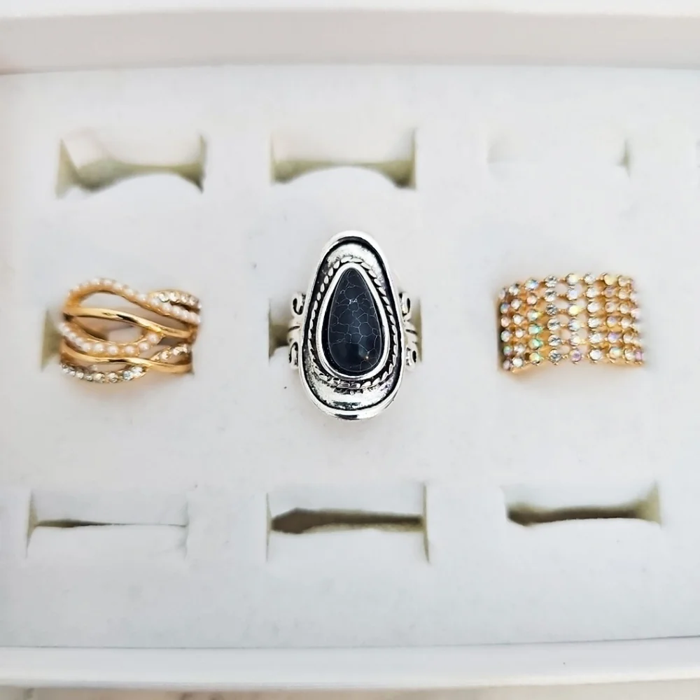 3pc Ring Set Black Stone Silver Gold Rhinestone Pearl Casual Cocktail